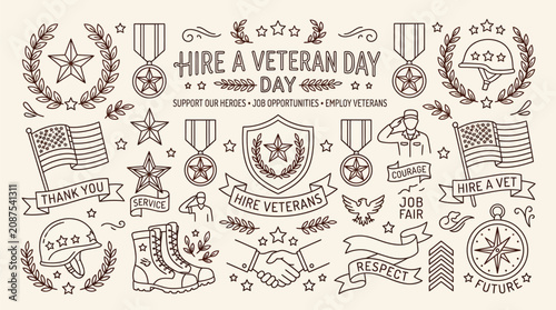 Canvas Print Hire a Veteran Day illustration with symbols of service, patriotism, and employment opportunities