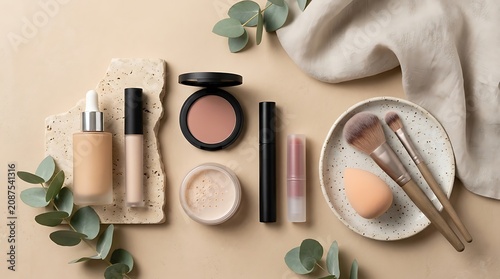 Collection of makeup products and beauty tools on a soft green and peach background. beginner makeup guide