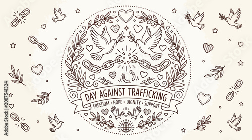 Obraz na płótnie Day Against Trafficking illustration with doves, broken chains, and olive branches symbolizing freedom and hope