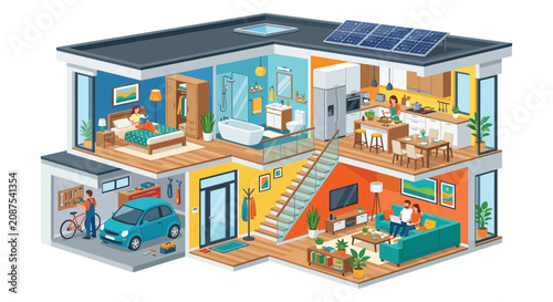 Obraz na plátně Cutaway house illustration with interior details and solar panels on a white bac