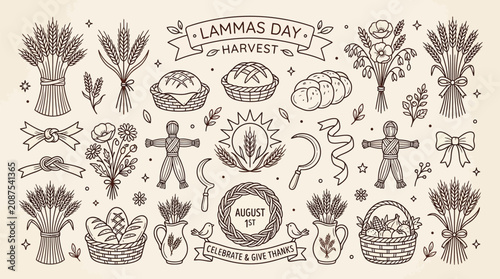 Tableau sur toile Lammas Day Harvest Celebration with Wheat Sheaves, Bread, and Scarecrows
