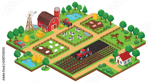 Foto Isometric farm scene with buildings crops and livestock on a white background fa