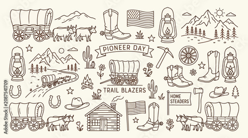 Bild auf Leinwand Pioneer Day Celebration with Wagon Trains, Cowboys, and Western Elements