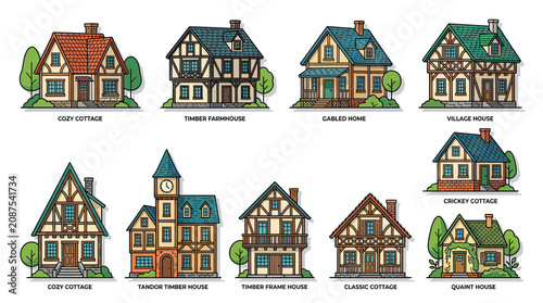 Obraz na plátně Collection of Diverse Medieval Tudor Style Houses and Cottages