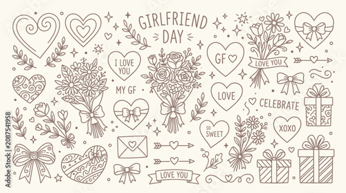 Canvastavla Collection of hand-drawn doodle elements for Girlfriend Day celebration, including hearts, flowers, gifts, and romantic messages