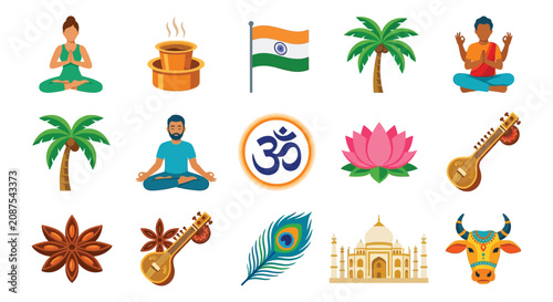 Foto Indian culture themed Flat Icons Lotus Taj Mahal Musical Instruments And Religio