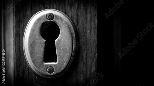 Close up of a keyhole on a wooden door in black and white