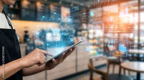Woman holding tablet with digital shopping icons in cafe Generative AI