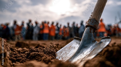 Shovel breaks ground at construction site with blurred crowd in background