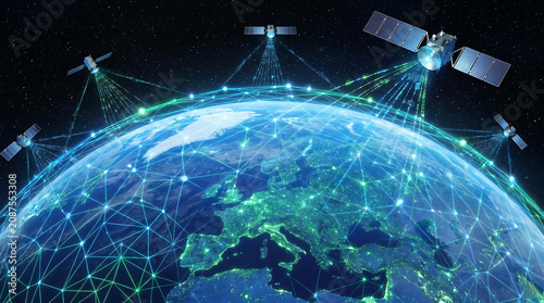 Global network connecting earth with data flow and satellites Generative AI