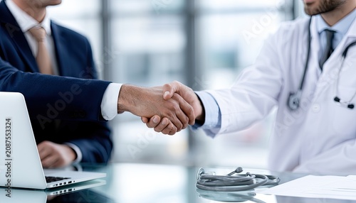 Two professionals, one in a suit, one in a lab coat, shake hands