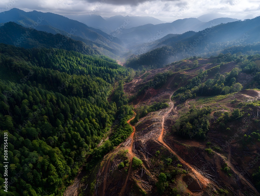 Obraz premium Aerial landscape view showing deforestation and forest contrast with green woodland