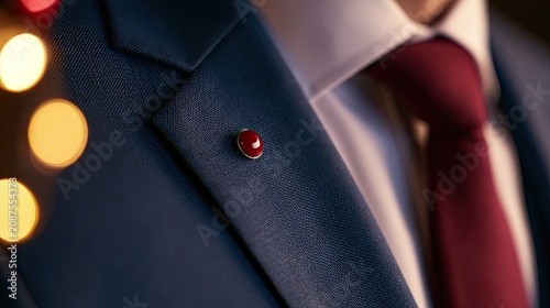 Close-up of a lapel pin on a dark suit, next to a red tie and blurred festive lights