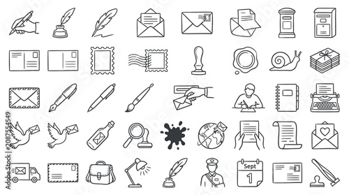 Bild auf Leinwand Collection of postal and communication icons, including envelopes, stamps, quills, and mail carriers, representing correspondence and delivery services