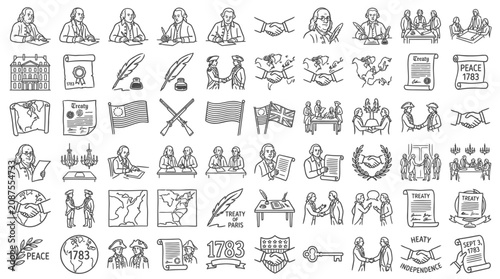 Bild auf Leinwand Collection of Hand-Drawn Icons Representing American History and Founding Fathers