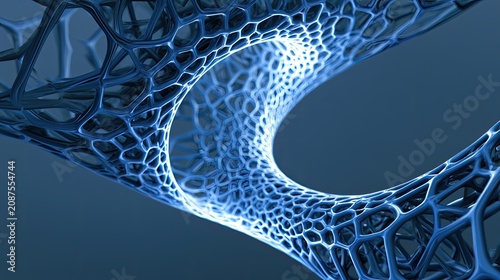 Abstract blue cellular structure forming a curved tunnel shape