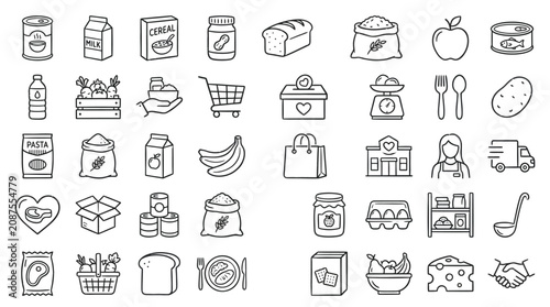 Collection of hand-drawn grocery and food icons representing various food items and shopping elements.