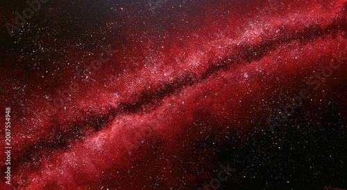 Crimson galaxy dust swirls with countless distant stars in cosmic expanse