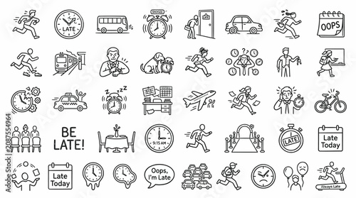 Fotografie Collection of hand-drawn icons representing lateness, deadlines, and time management challenges