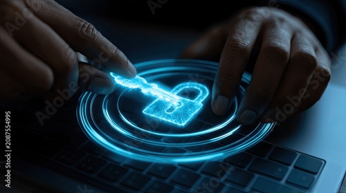 Digital key unlocks glowing padlock overlay on keyboard