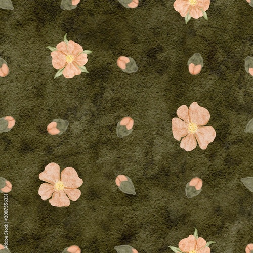 Seamless watercolor floral pattern, small peach blossoms scattered on olive green. Minimal botanical surface design for fashion textiles, fabric printing, packaging, stationery, modern lifestyle