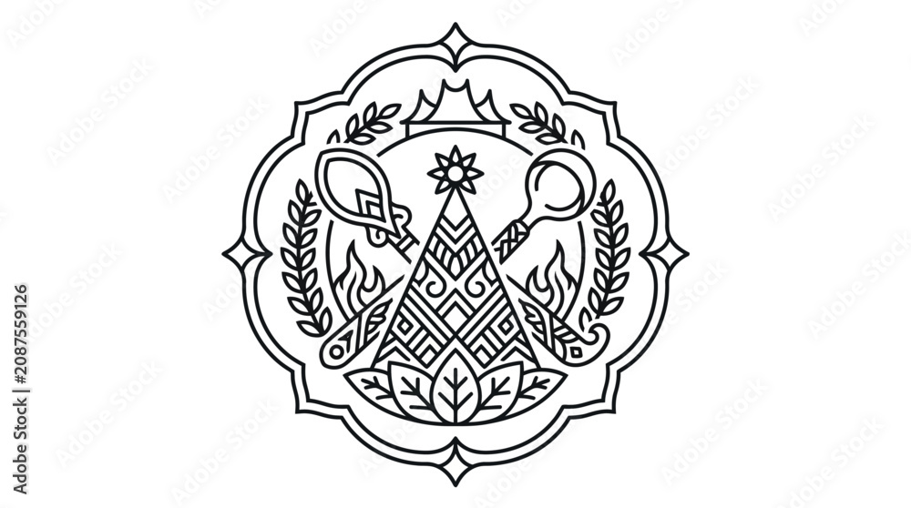 Obraz premium Minimalist Black and White Line Art Symbol of Alchemy Flame Moon Sun and Botanical Elements in Ornate Circular Frame