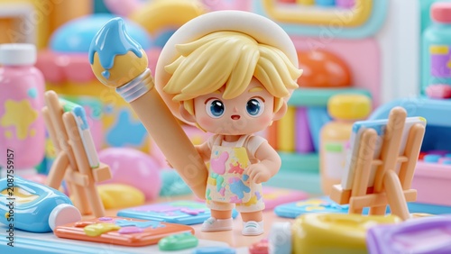 Cute chibi boy painter holds giant brush in colorful studio.