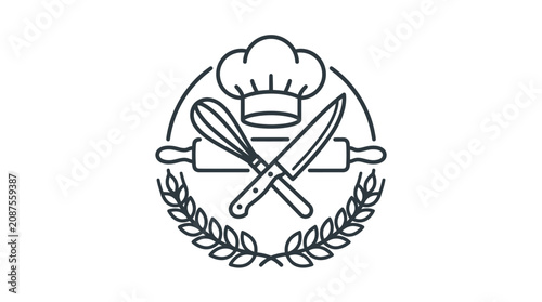 Professional Black and White Line Drawing of Chef s Hat Wooden Spoon Rolling Pin Knives and Laurel Wreath Symbol