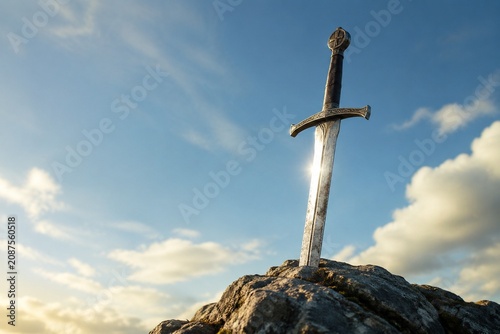 A weathered longsword plunged into a craggy rock, sunlight glinting.