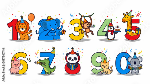 Photography Cute Flat Design Numbers 1-9 and 0 with Animals Celebrating Birthday, Confetti a
