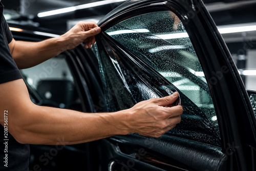 Car window tinting film installation in auto service workshop.