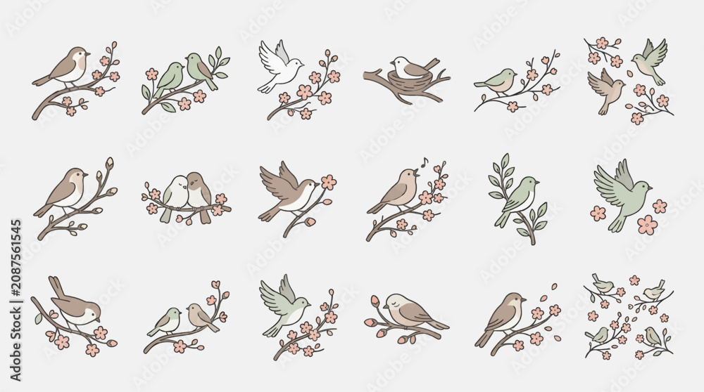 Fototapeta premium Flat Vector Illustration Icon Set of Birds on Cherry Blossom Branches, Featuring Various Poses and Interactions, with Soft Pastel Colors and Clean Lines, Ideal for Spring or Nature Graphics