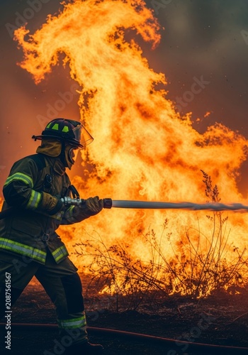 Protective firefighting gear and gloves managing a high-pressure water hose against massive orange flames consuming dry brush and vegetation, spray, risk, equipment