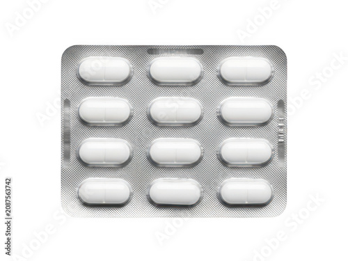 White medicine pills in silver foil blister pack isolated on transparent background