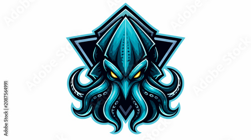 Φωτογραφία Illustration of a fierce blue squid with glowing yellow eyes.