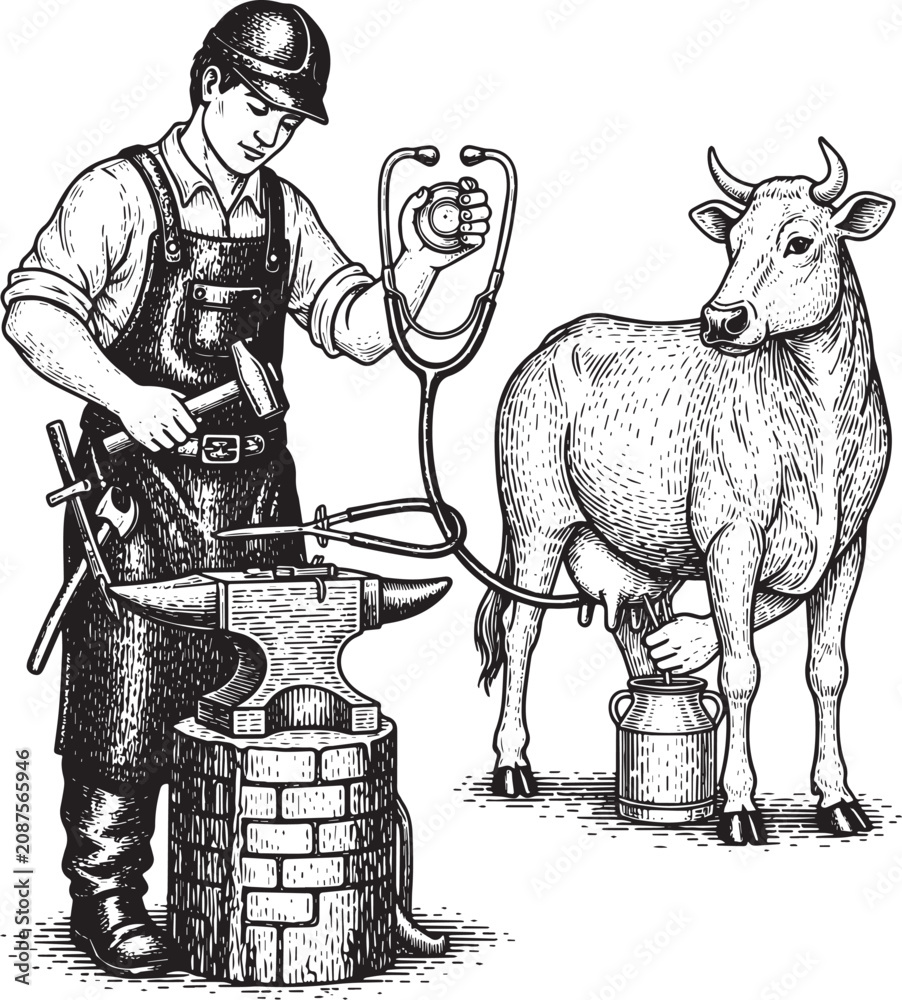 Fototapeta premium Blacksmith vet woodcut illustration, anvil, cow, stethoscope, da