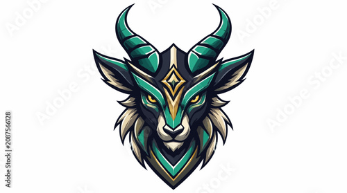 Tableau sur toile Stylized illustration of a fierce green antelope head with ornate horns