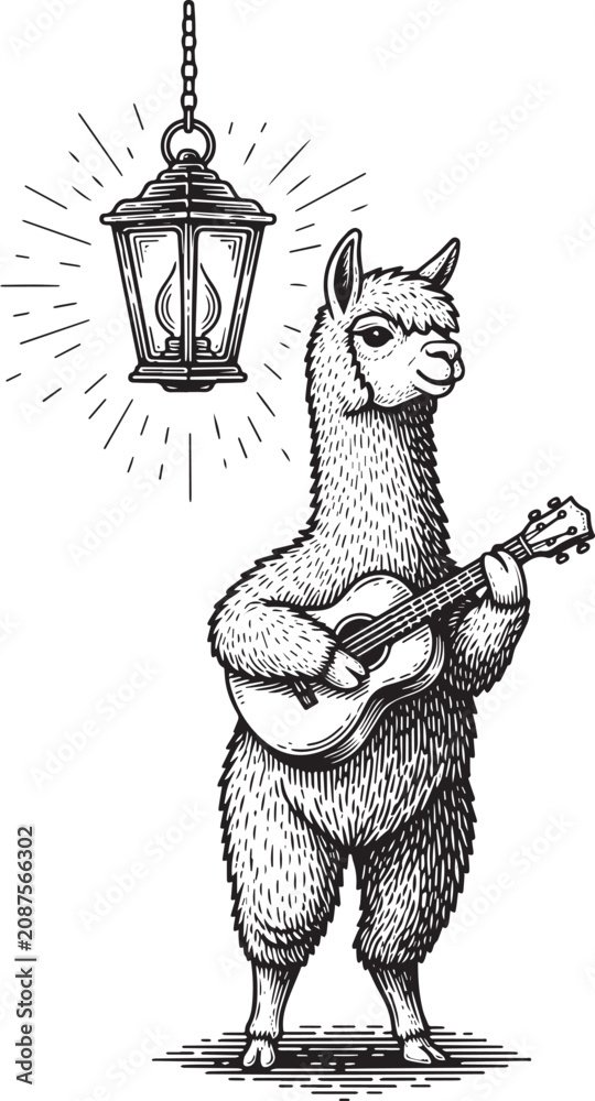Fototapeta premium Whimsical Alpaca Serenade: An Engraved Illustration of Musical M