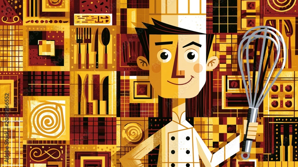 Naklejka premium Smiling chef holds whisk against geometric food pattern background.