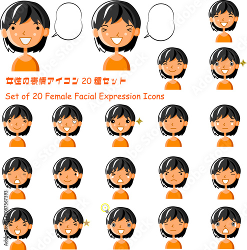 女性の表情アイコン20種セット（ブログ・SNS用・吹き出し対応）