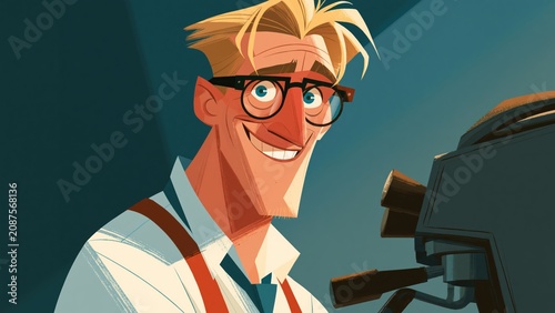 Plakat Enthusiastic blonde barista smiles widely next to coffee machine.