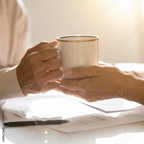 Elderly hands holding a warm white mug together over a document with a pen, representing care, connection, support, and retirement planning