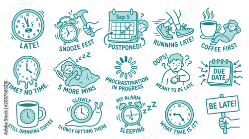 фотографія Collection of hand-drawn illustrations depicting various scenarios related to time, lateness, and procrastination