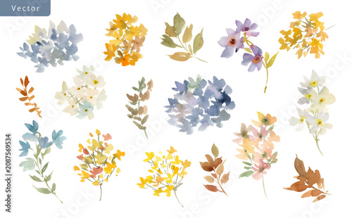 Watercolor Muted Floral Vector Clipart Set with Hydrangeas, Wild Flowers and Leaves for Wedding Invitations, Stationery and Banners