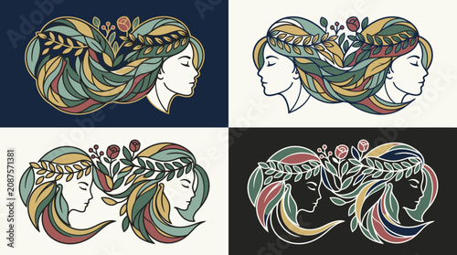 Ilustração vetorial estilizada de duas faces femininas conectadas por cabelos em forma de símbolo de infinito, adornadas com elementos botânicos, flores e folhas em estilo artístico.