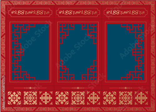 Luxury Chinese palace window abstract background. Vector traditional Asian oriental gate frame with red geometric lattice and gold patterns for Lunar New Year.