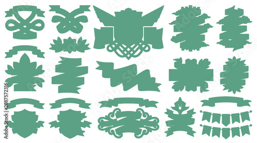 Eine Sammlung von verschiedenen grünen Vintage-Banner- und Wappen-Silhouetten für dekorative Designs, Etiketten, Einladungen und grafische Gestaltungselemente auf weißem Hintergrund.
