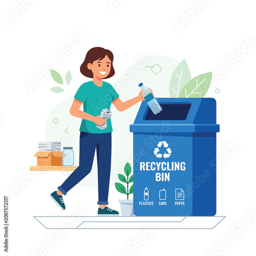 A smiling woman depositing recyclable materials into a blue recycling bin outdoors