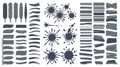 Eine umfangreiche Sammlung von handgezeichneten Pinselstrichen, Tintenklecksen und grafischen Elementen in Dunkelblau auf weißem Hintergrund für kreative Designprojekte.