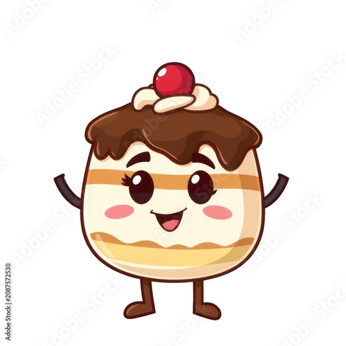 Cute cartoon character cake with chocolate icing and a cherry